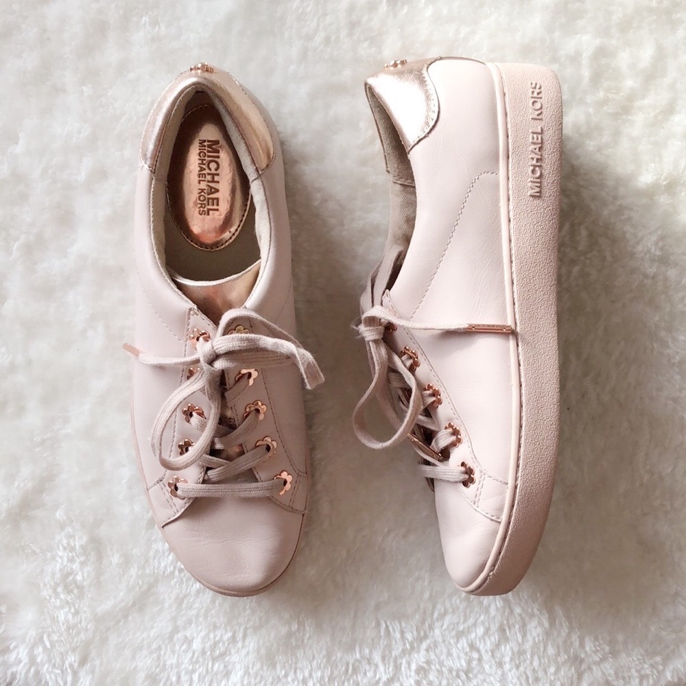 Michael Kors Irving Soft Pink Leather Rose Gold Lace Up Sneakers